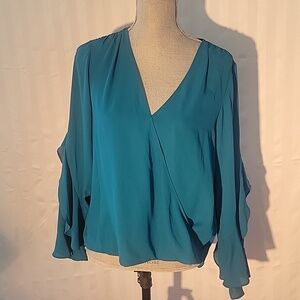 INC International Concepts Teal Blue V-Neck Blouse with Ruffled Sleeves, Size: S